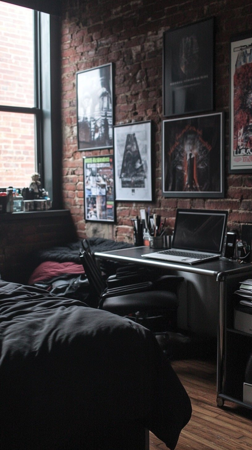 Industrial-Inspired Dorm Room with Metal and Brick Textures