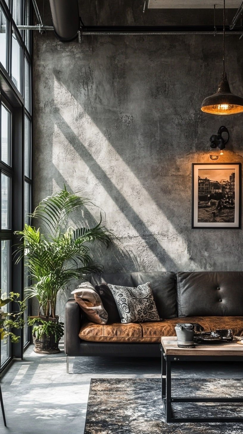 Industrial-Inspired Tiny Living Room with Concrete and Metal