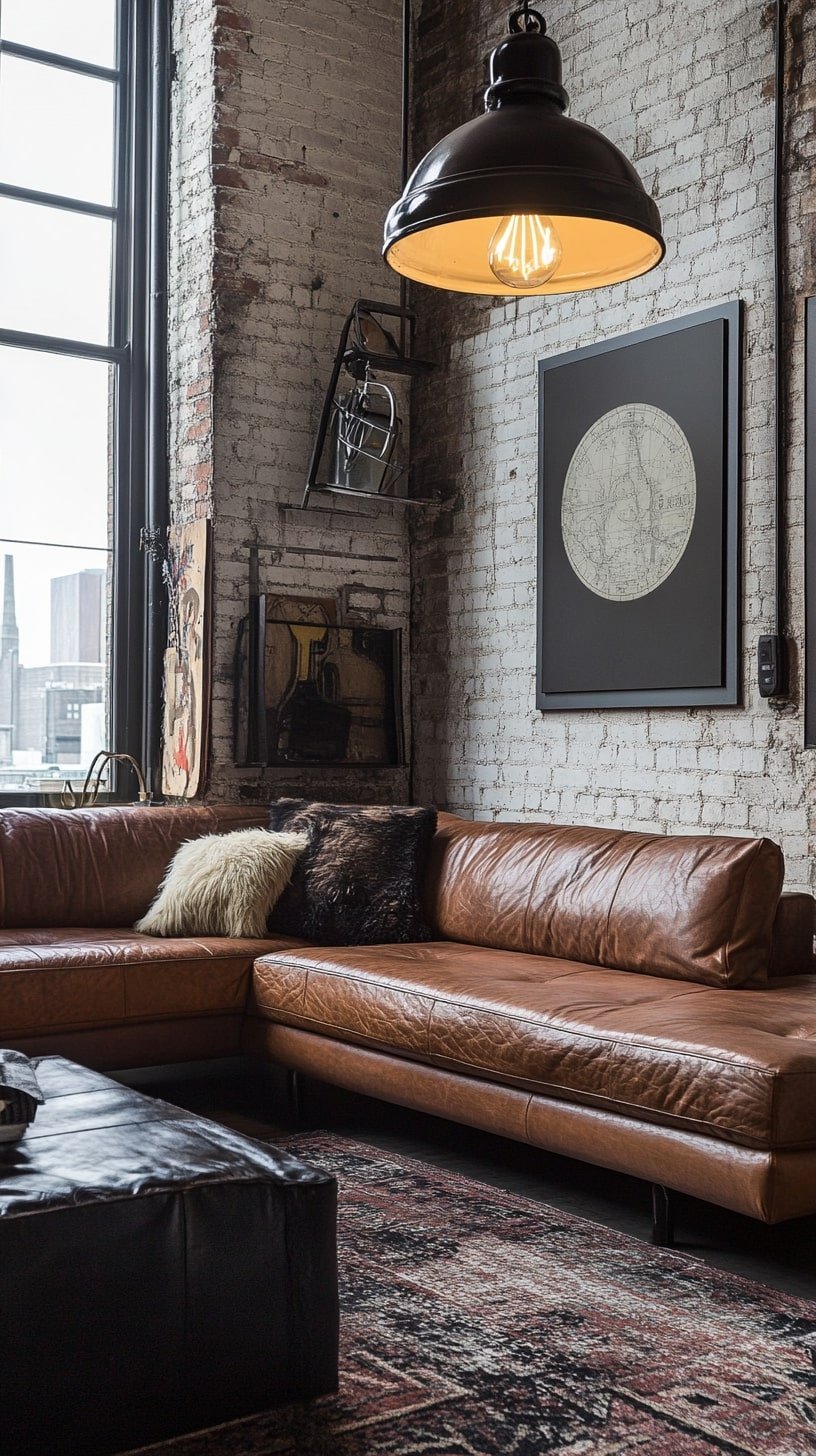 Industrial Loft with Brick Walls and Cognac Leather Sectional