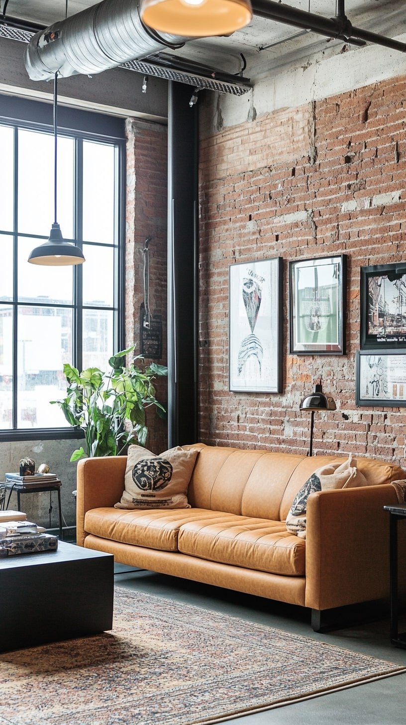 Industrial Loft with Tan Couch and Brick Accent Wall