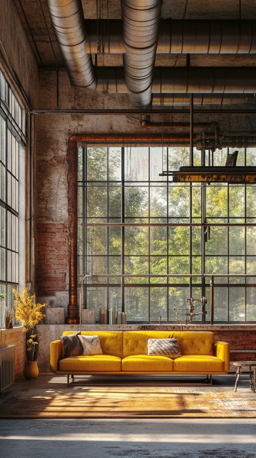 Industrial Loft with Yellow Leather Sofa and Concrete Walls