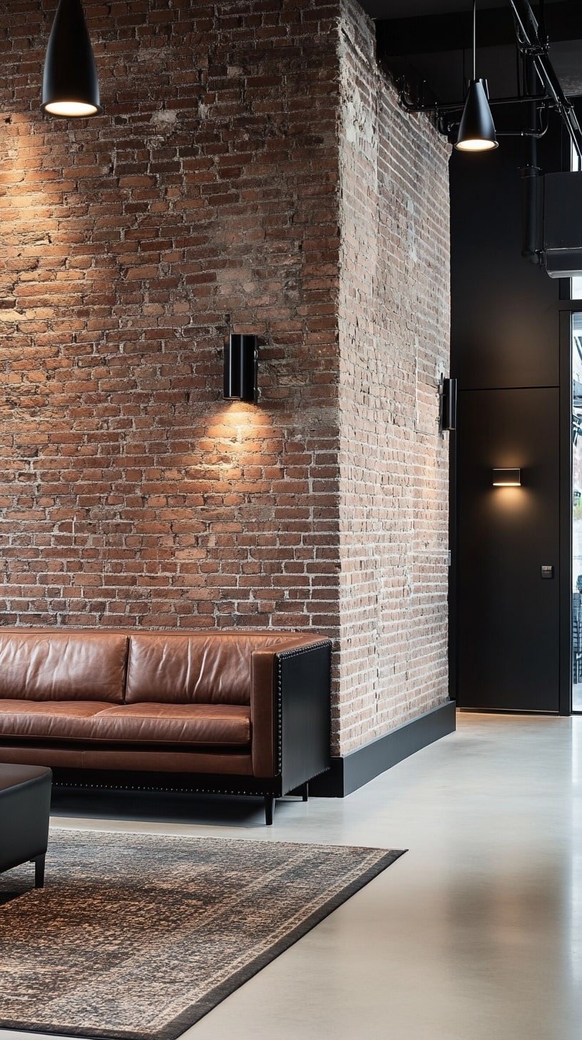 Industrial Narrow Living Room with Brick Wall and Steel Accents