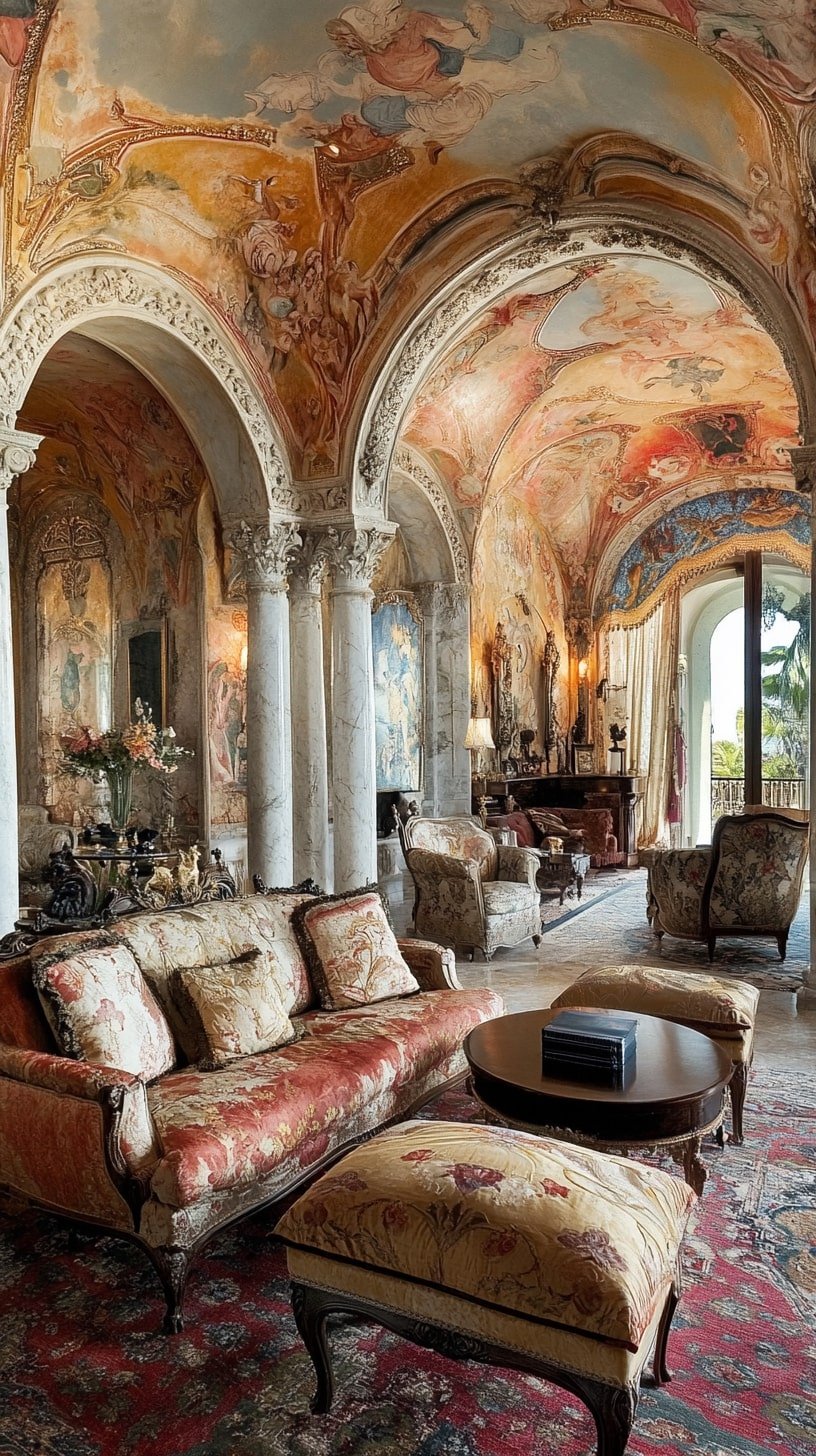 Italian Renaissance Revival Room with Arched Niches and Grand Chandeliers