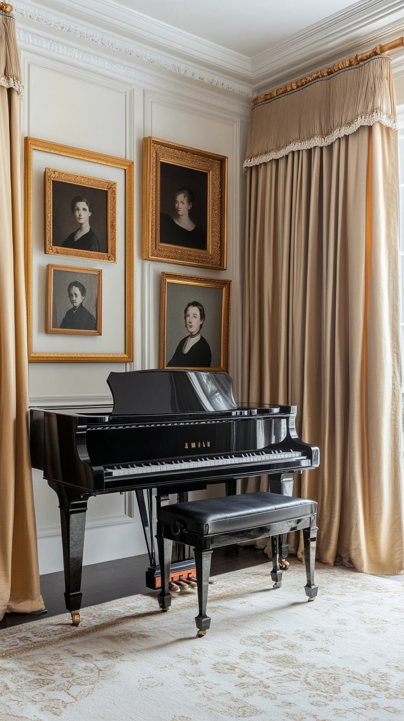 Ivory Glam Room with Black Piano and Vintage Portrait Wall