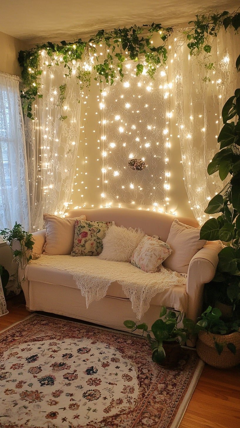 Ivy-Covered Living Room Walls with Soft Lighting