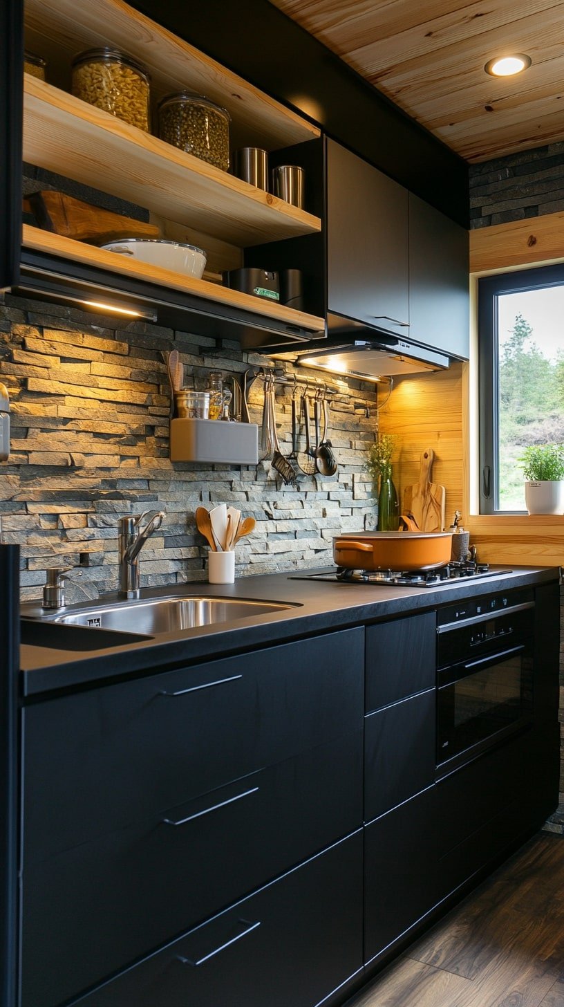 Japandi-Inspired Kitchen with Black Wood and Stone Details