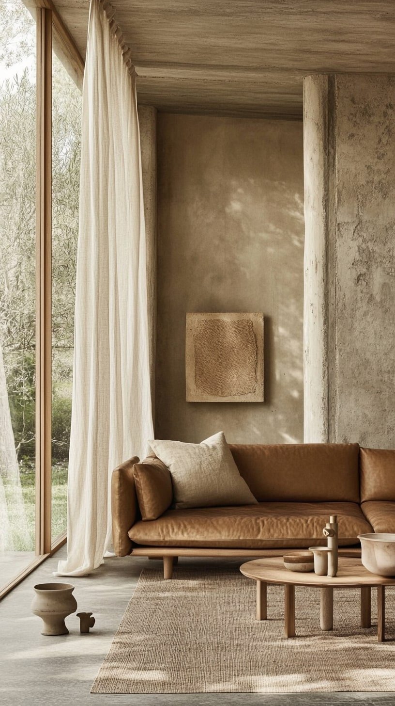 Japandi-Inspired Living Room with Tan Sofa and Neutral Palette