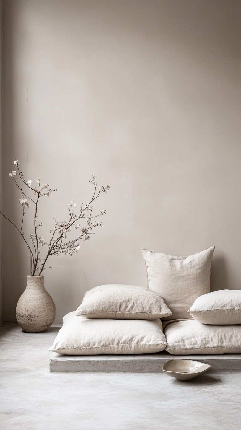 Japandi-Inspired Long Living Room with Floor Seating and Soft Neutrals