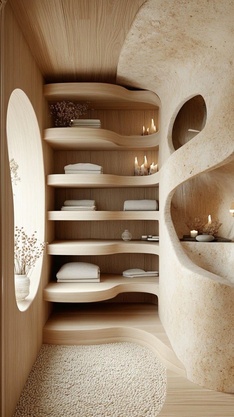 Japandi Interior with Curved Elements and Light Oak