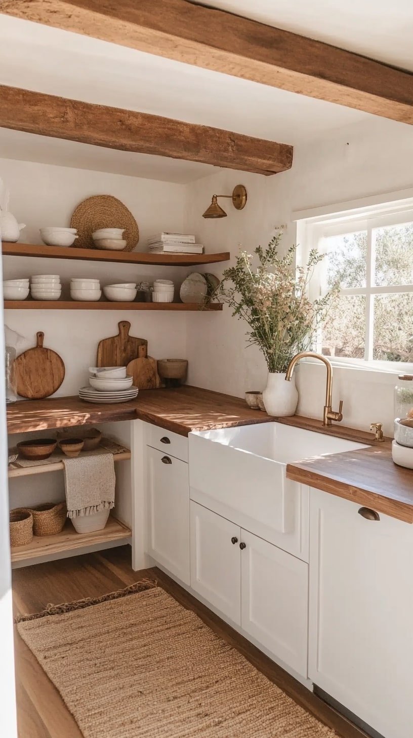 Japandi Kitchenette with Matte Cabinets and Open Wood Shelves