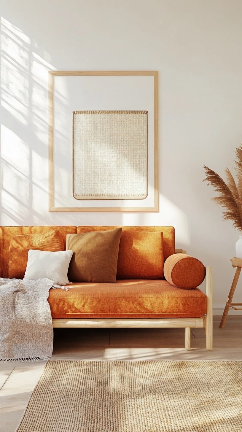 Japandi-Style Room with Muted Orange Sofa and Clean Lines