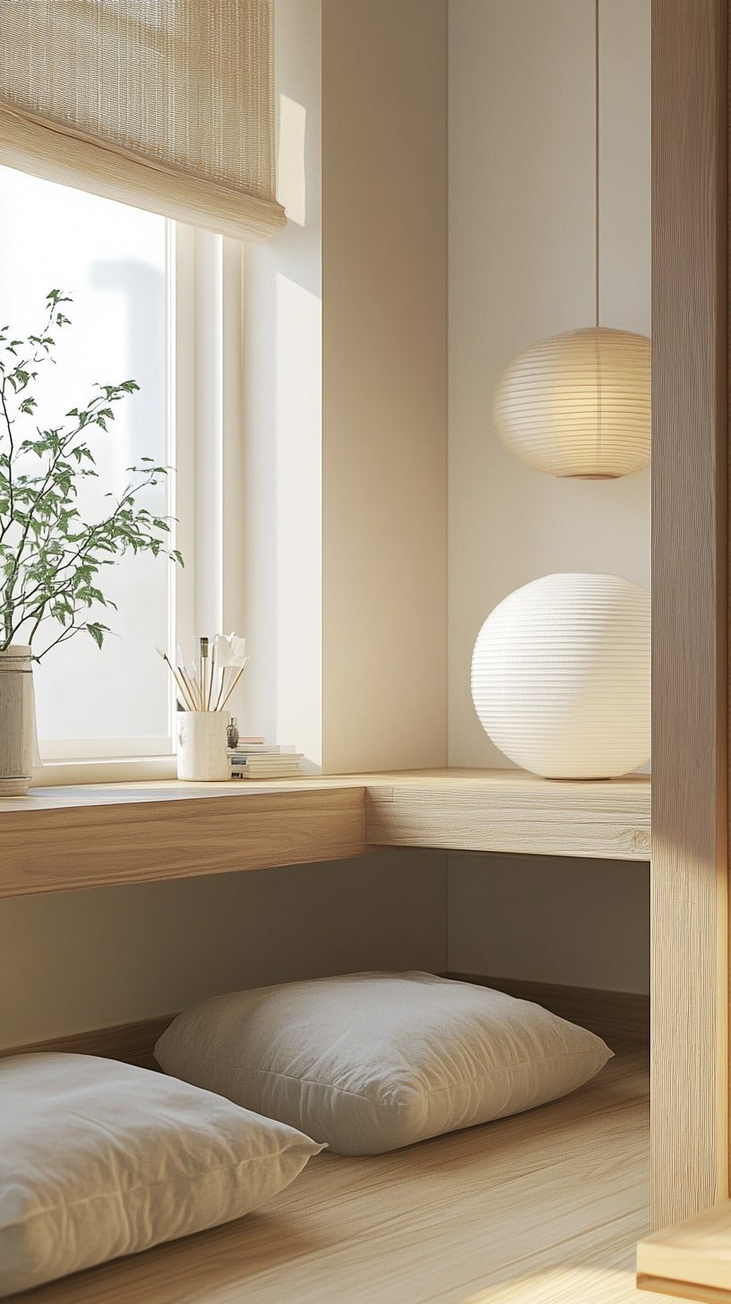 Japandi-Style Workspace with Low Desk and Paper Lantern