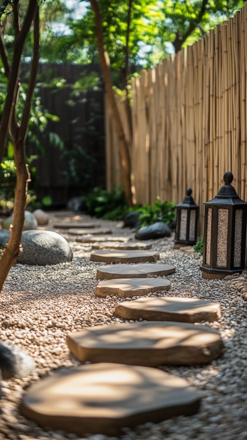 Japanese-Inspired Garden Yoga Zone with Stone Lanterns