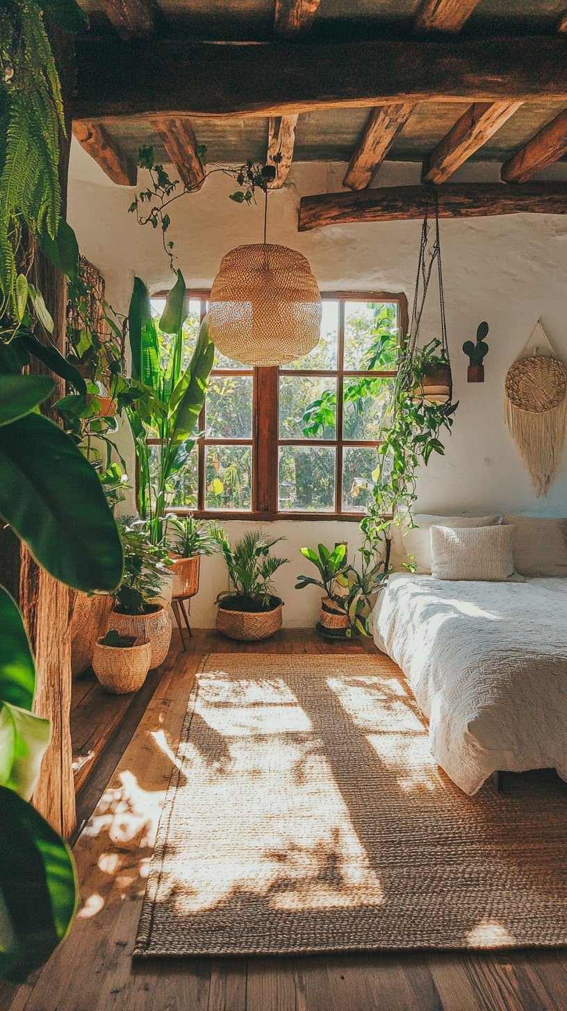 Jungle Boho Yoga Studio with Greenery and Bamboo