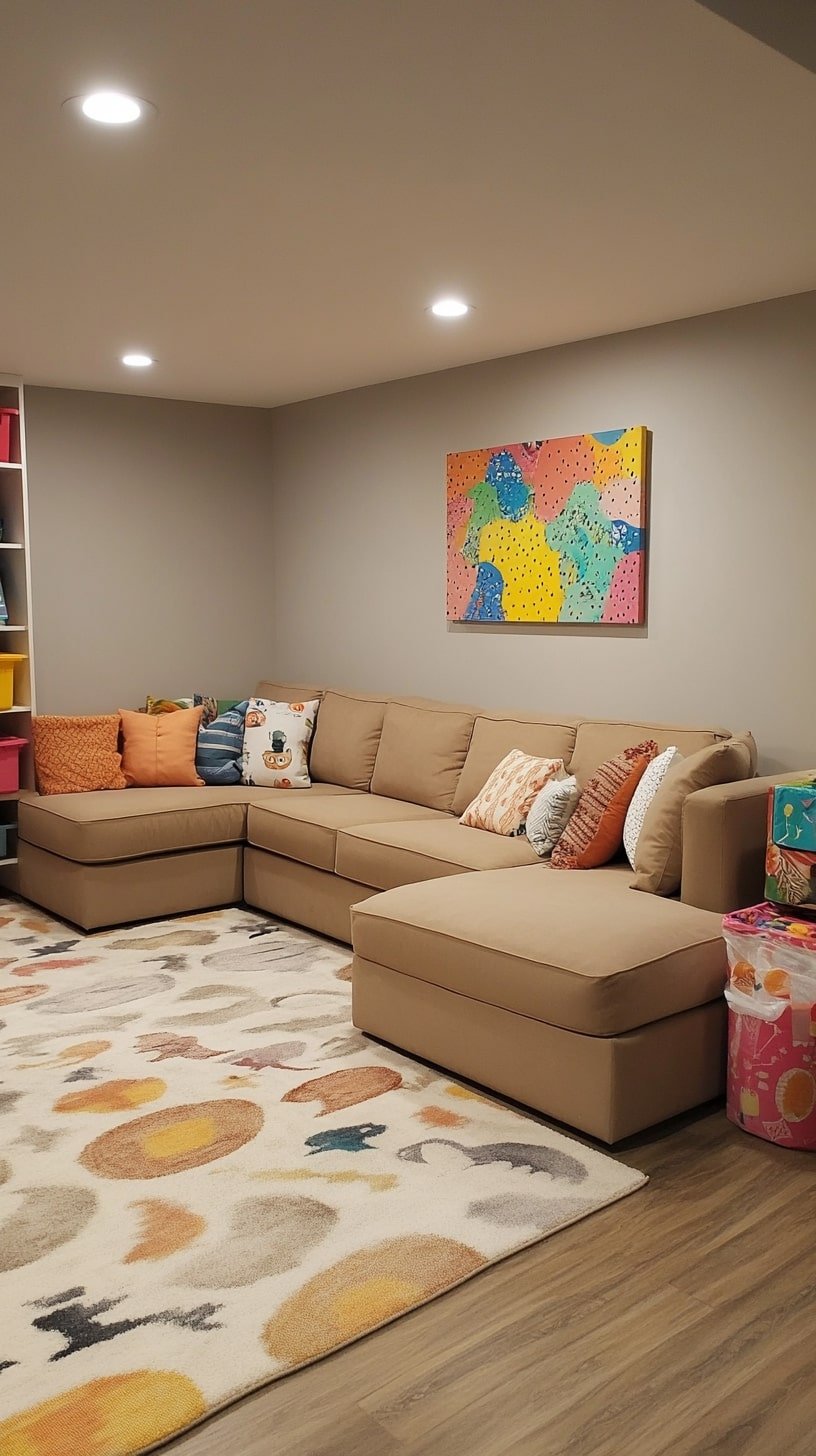  Kids-Friendly Living Room with Tan Couch and Colorful Accents