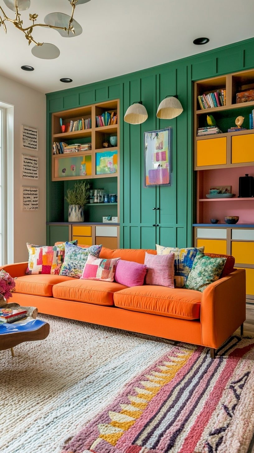 Kids-Friendly Space with Orange Sofa and Colorful Storage