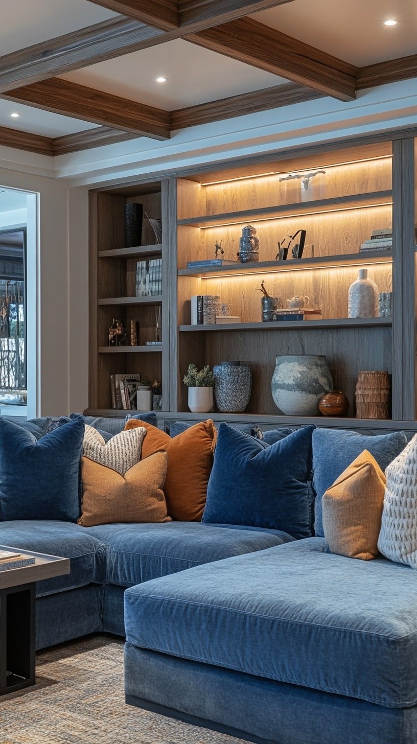 L-Shaped Blue Couch in Family-Friendly Room with Built-In Storage