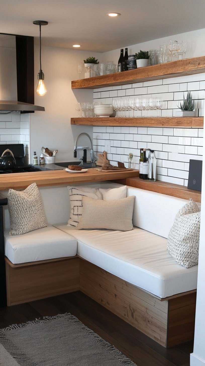 L-Shaped Kitchen with Corner Couch and Space-Saving Storage