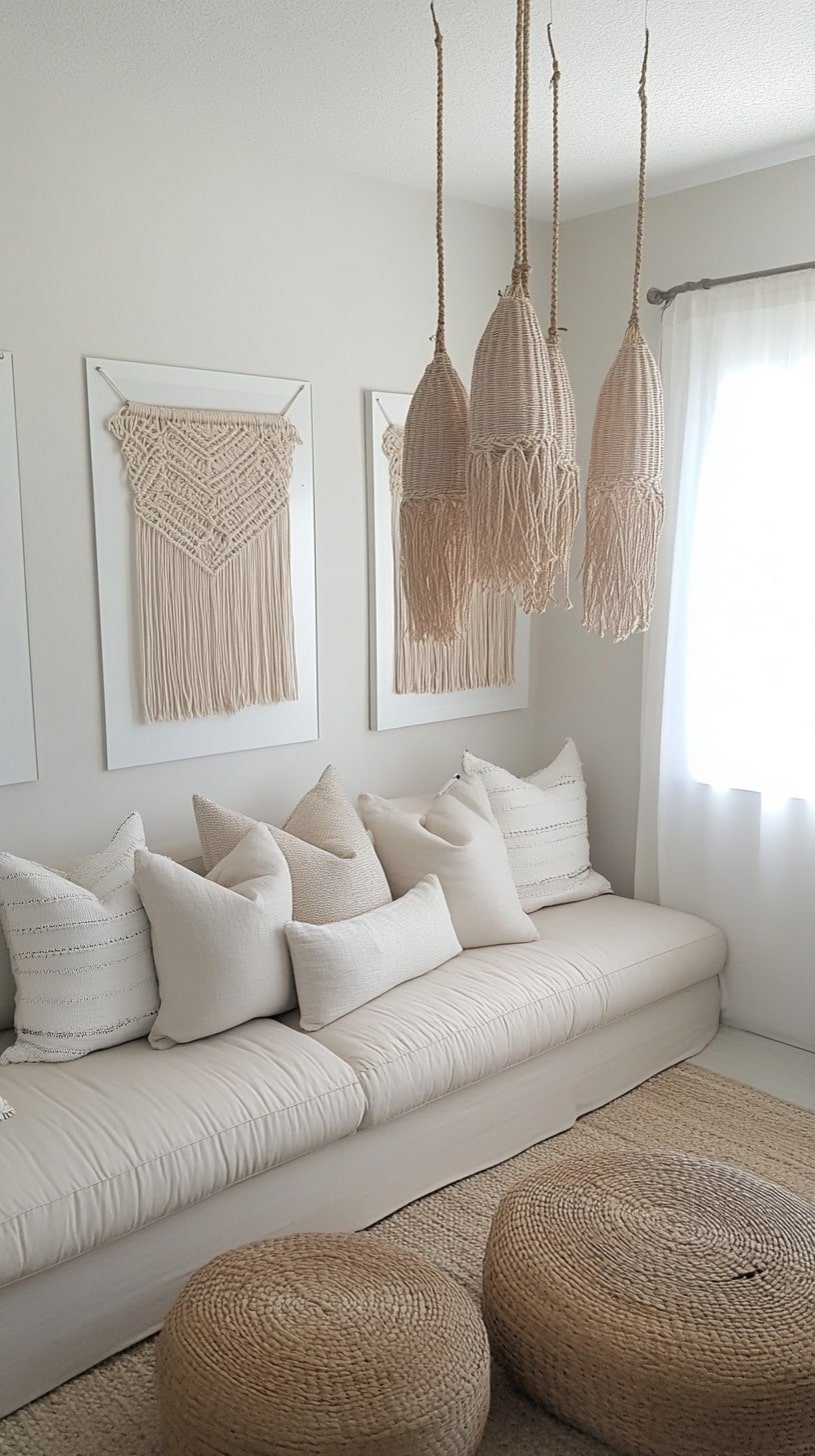Laid-Back Living Area with Fringe Tapestry and Beach Art