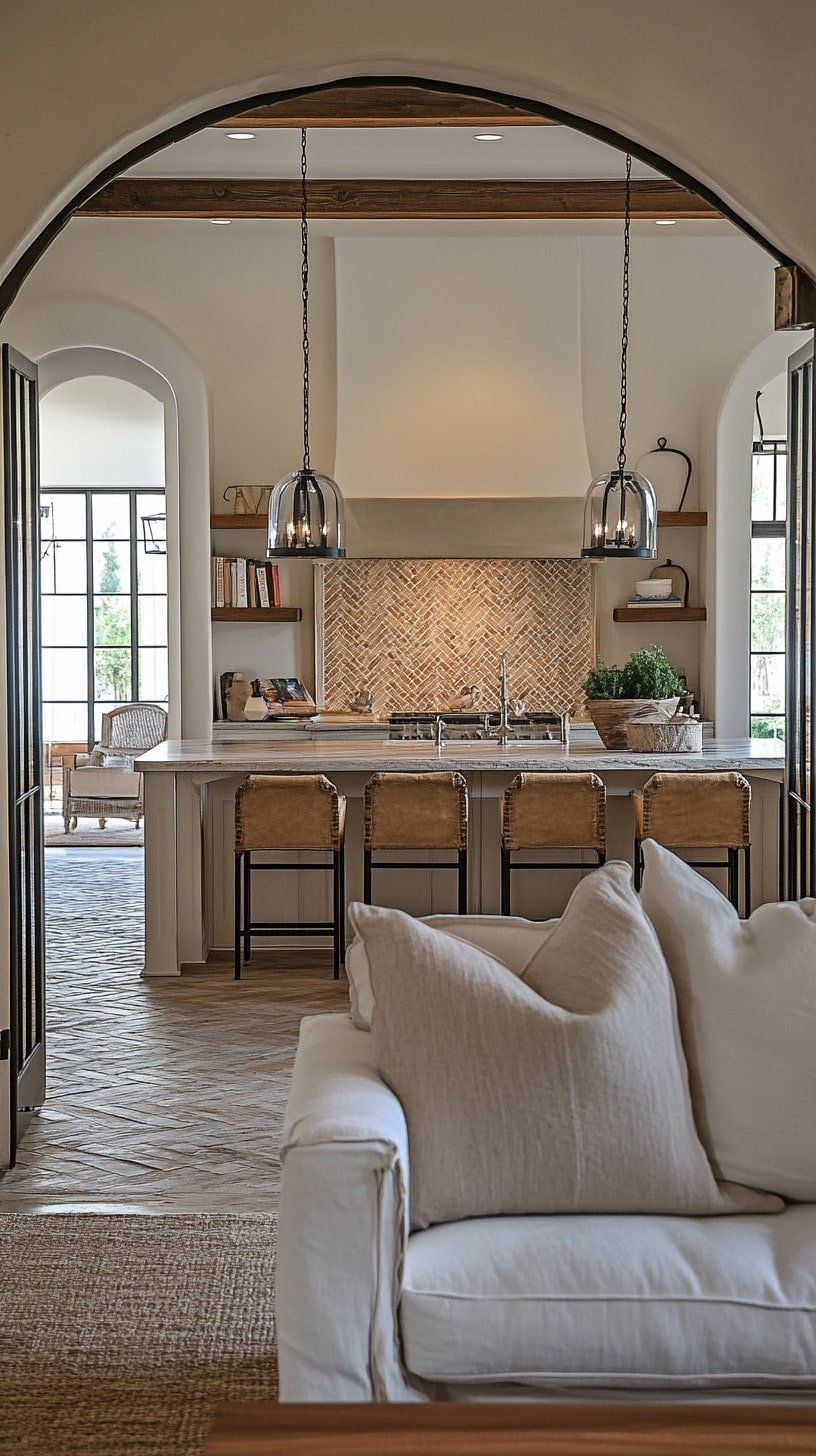 Light-Filled Space with Arched Kitchen Entry and Small Sofa