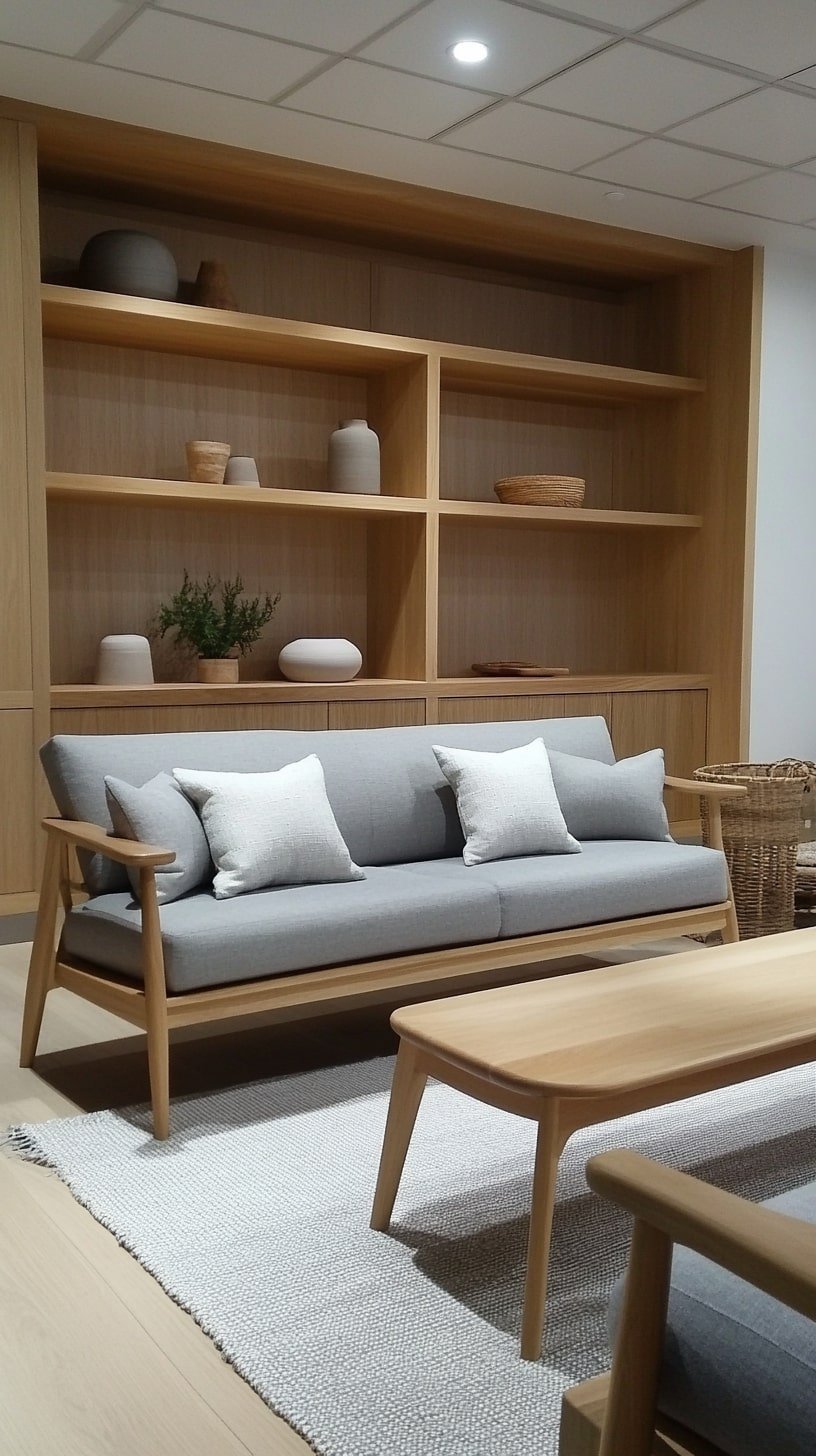 Light Wood Living Room with Built-In Storage and Track Lighting