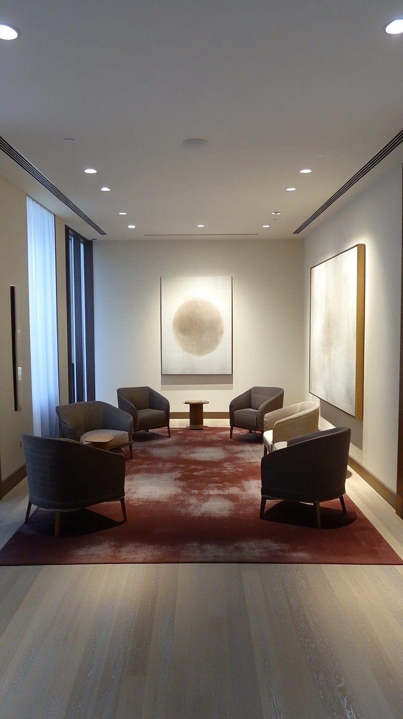 Linear Living Room Layout with Statement Art and Clean Silhouettes