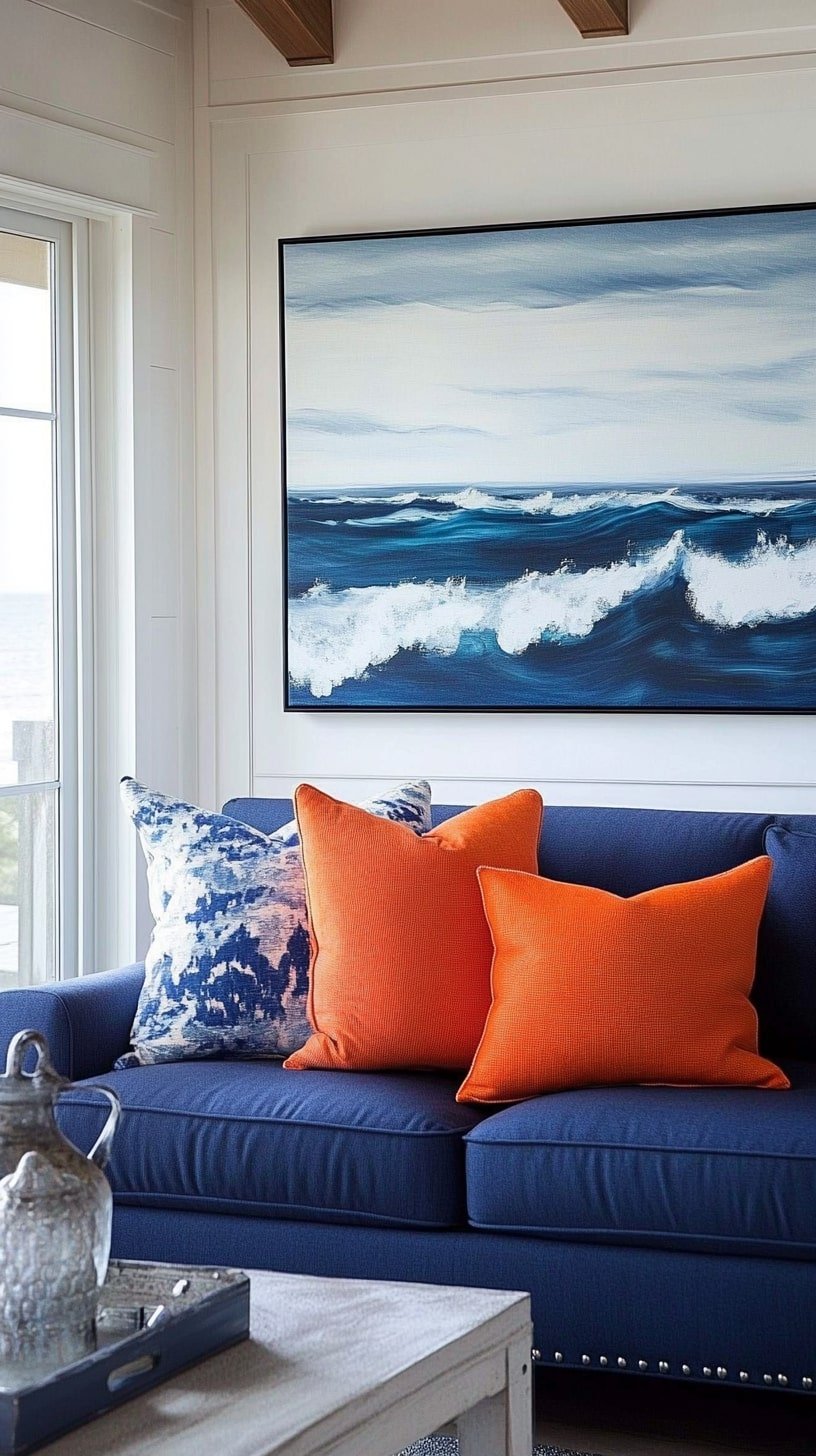 Living Room with Orange Couch and Coastal Blue Accents