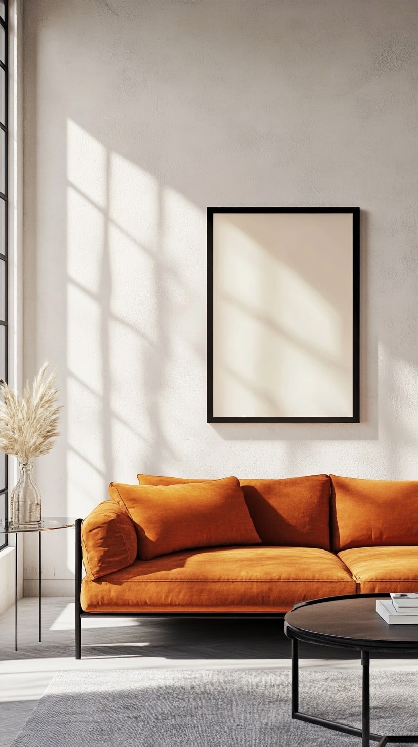 Living Room with Orange Couch and Minimal Black Accents