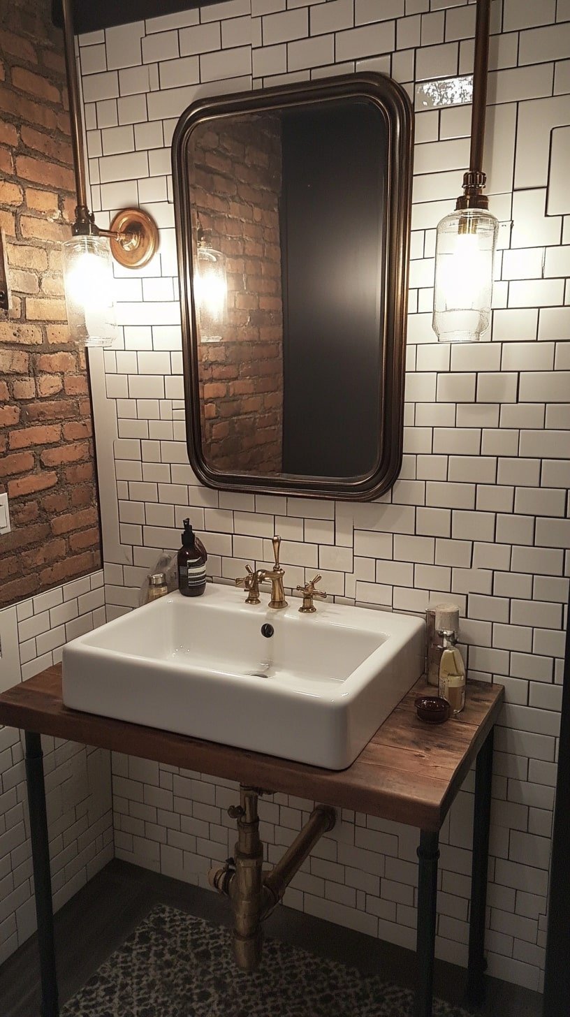 Loft Bathroom with Exposed Pipes and Vintage Mirror