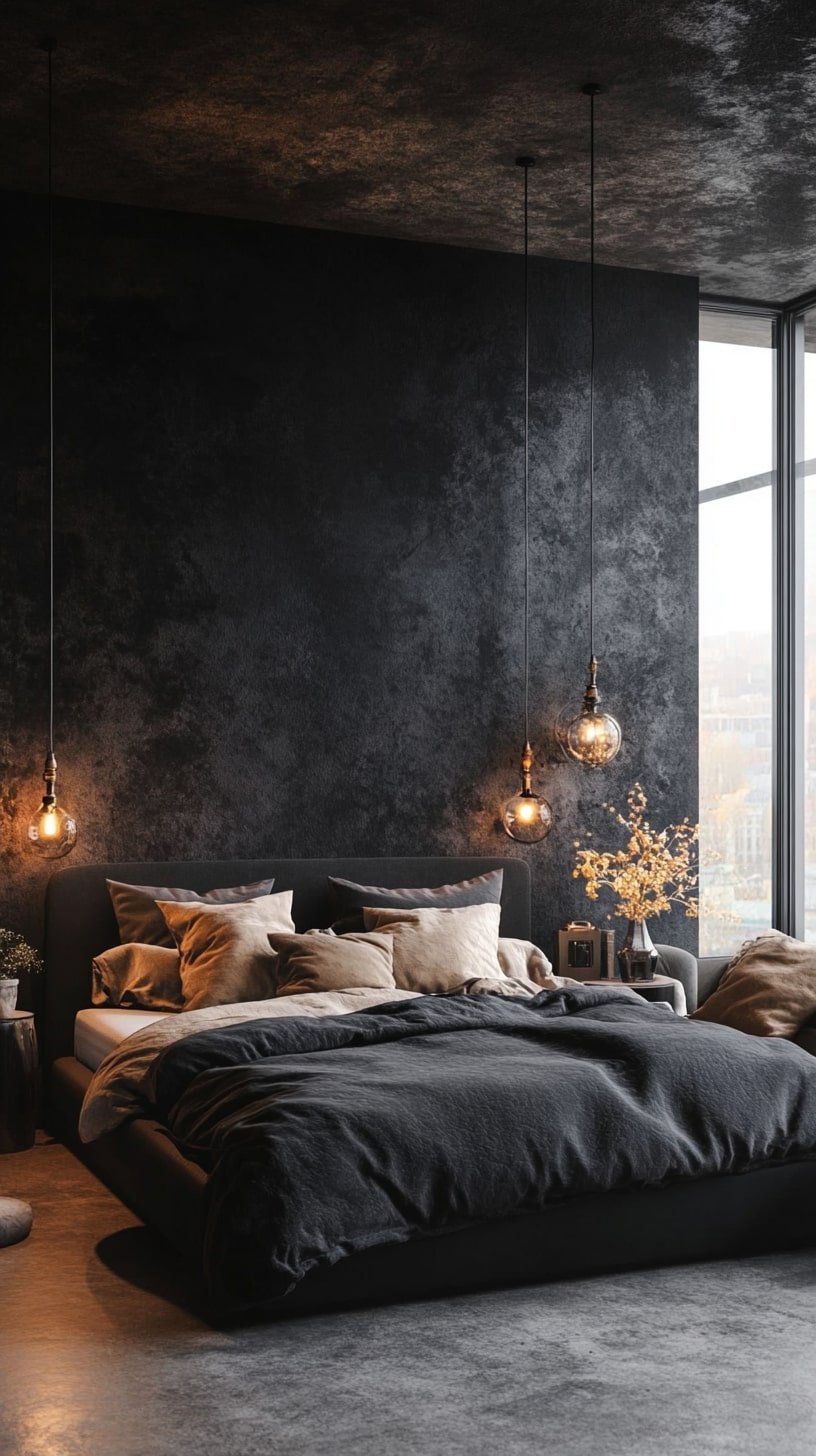 Loft Bedroom with Black Accent Wall and Textured Bedding