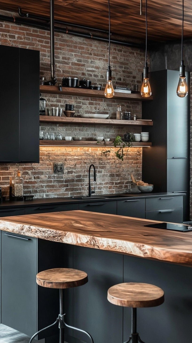Loft Kitchen with Metal Cabinets and Open Shelving