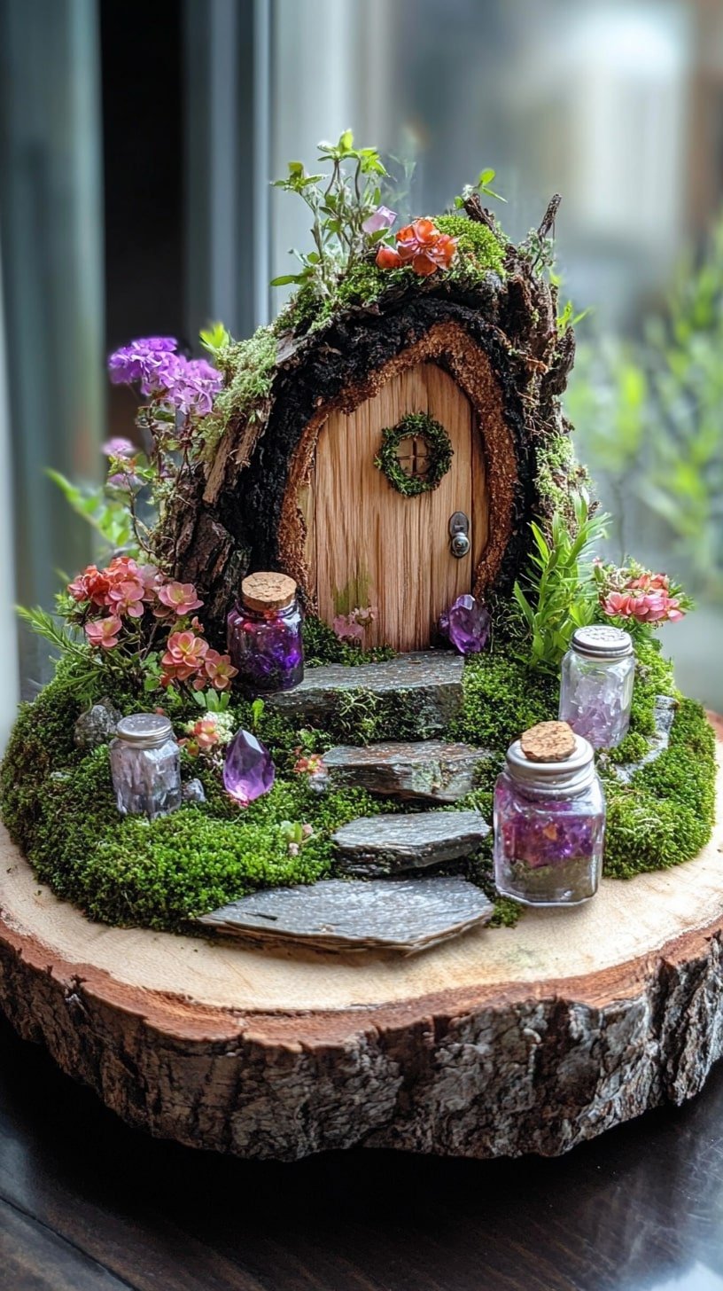 Log Slice Fairy Garden with Glass Jar Terrariums