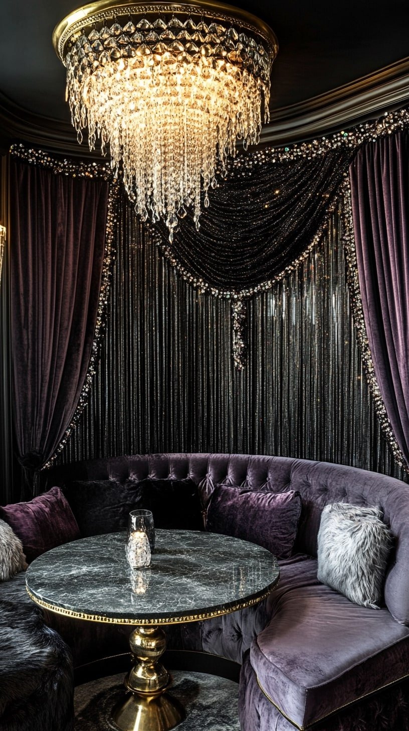 Luxe Glam Living Room with Crystal Curtains and Velvet Walls