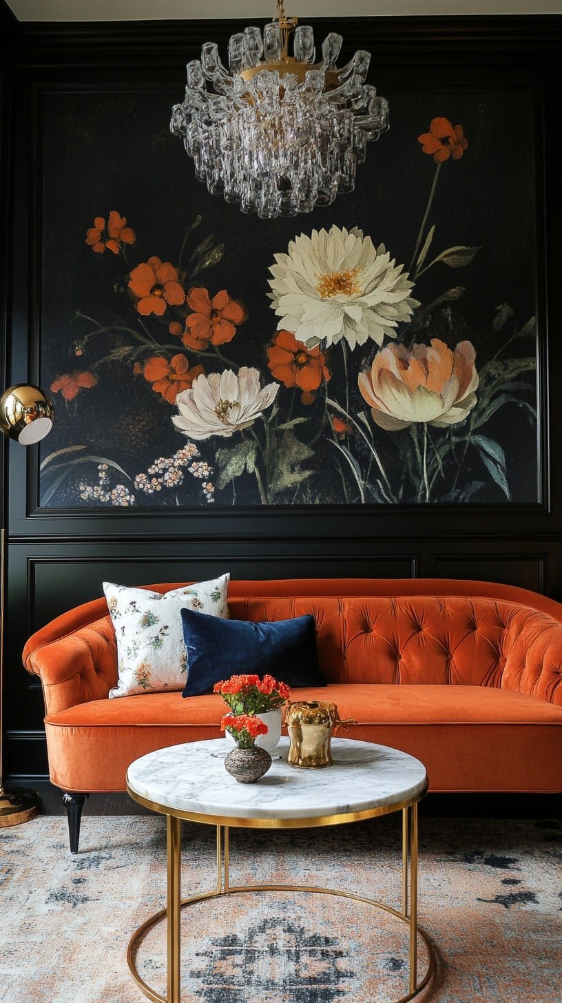 Luxury Lounge with Rust Couch and Moody Wallpaper