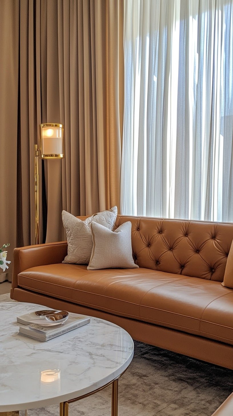 Luxury Lounge with Tan Sofa and Marble Coffee Table