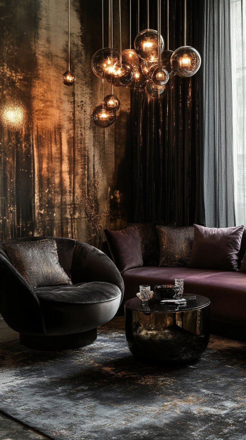 Luxury Narrow Living Room with Velvet Seating and Tall Drapes