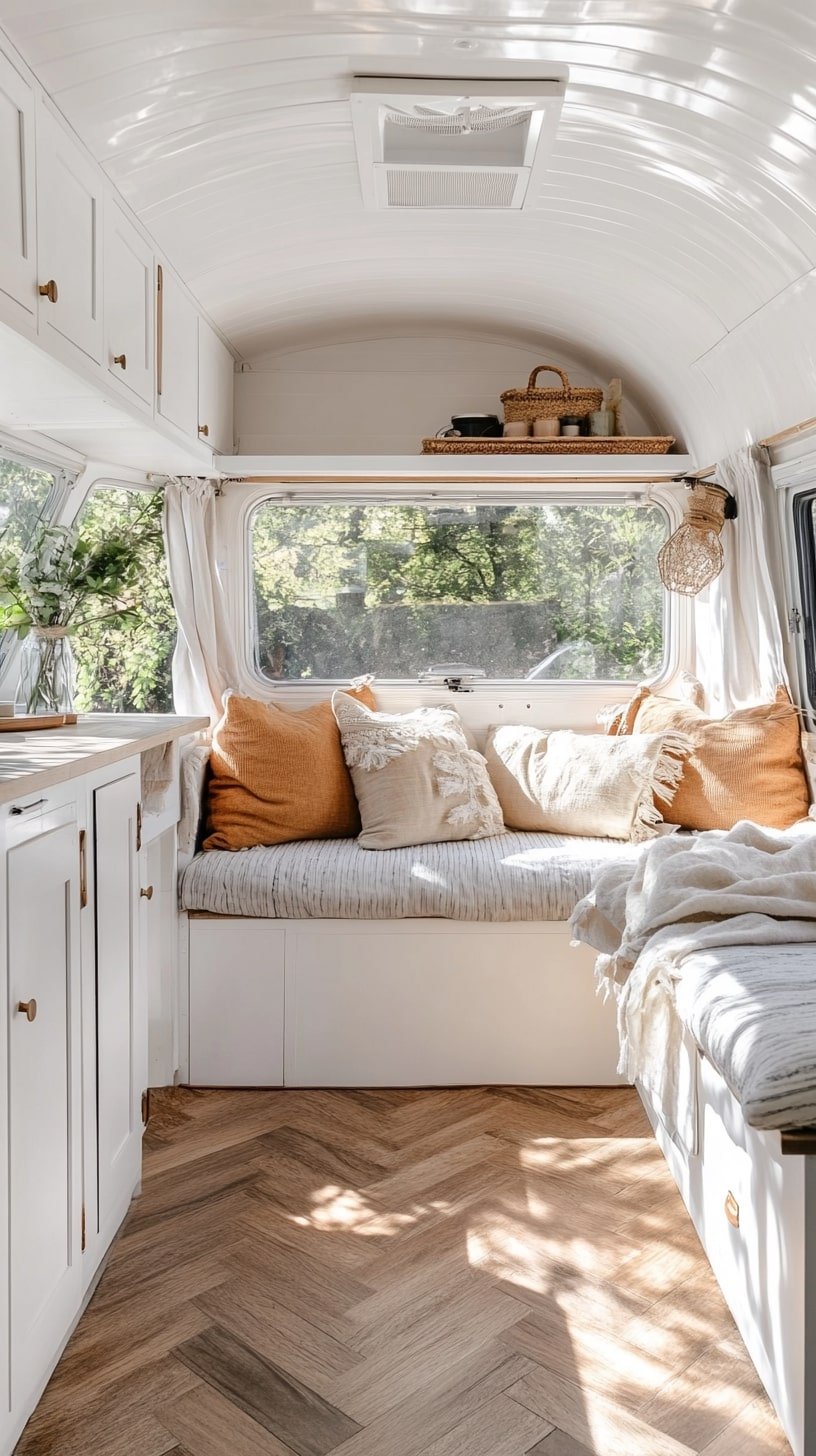Luxury Van Interior with Herringbone Wood Floors and Linen Textures
