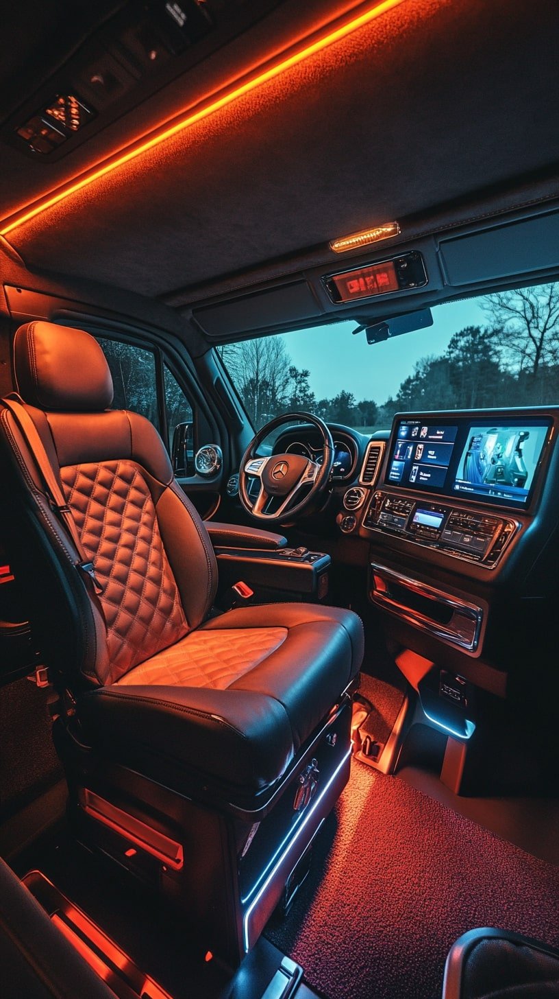 Luxury Van Office with Leather Seating and Touchscreen Controls