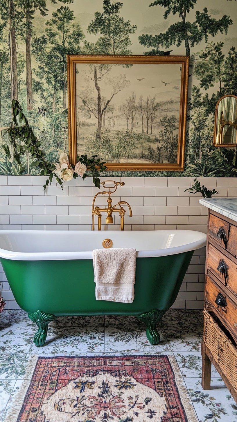 Magical Bathroom with Botanical Wallpaper and Clawfoot Tub