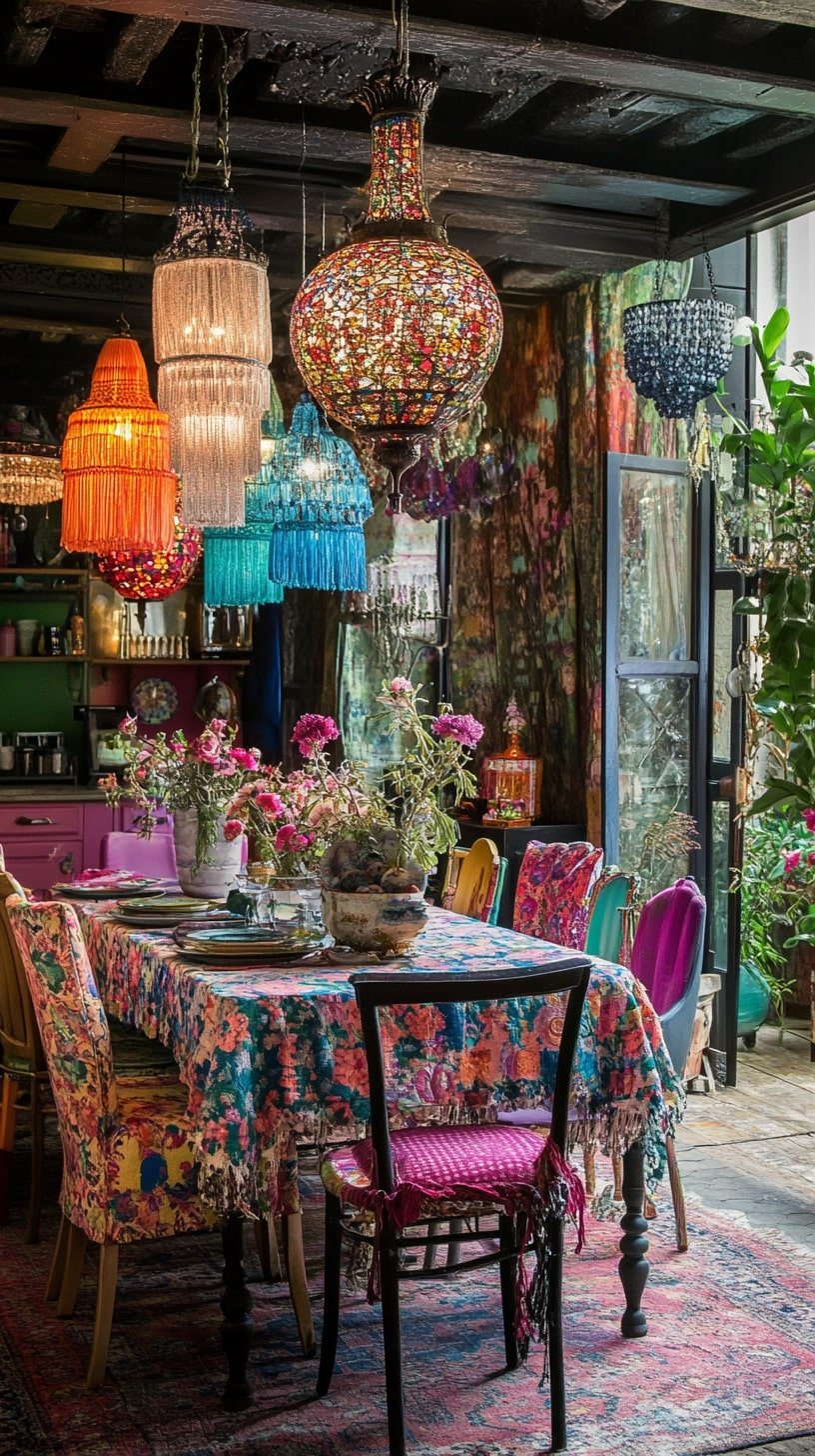 Magical Dining Room with Mismatched Chairs and Chandeliers