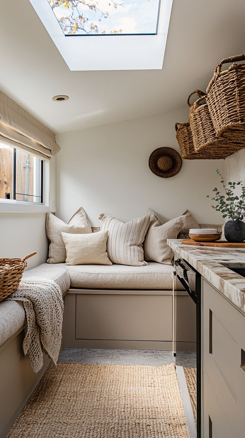 Marble-Inspired Countertops with Soft Beige Cushions