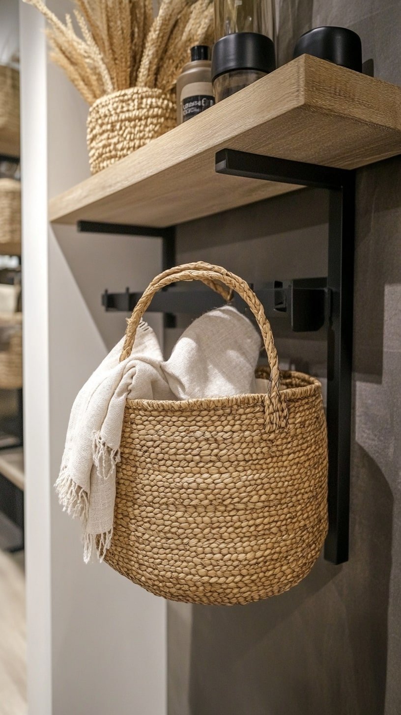 Matte Black Fixtures and Woven Decor in a Compact Space