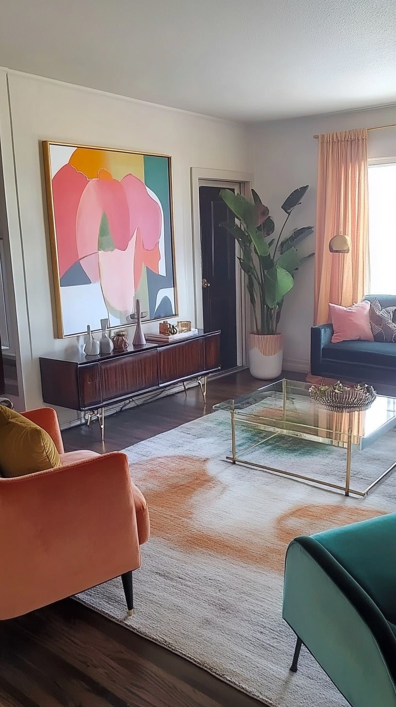 Mid-Century Glam Room with Geometric Console and Velvet Drapes