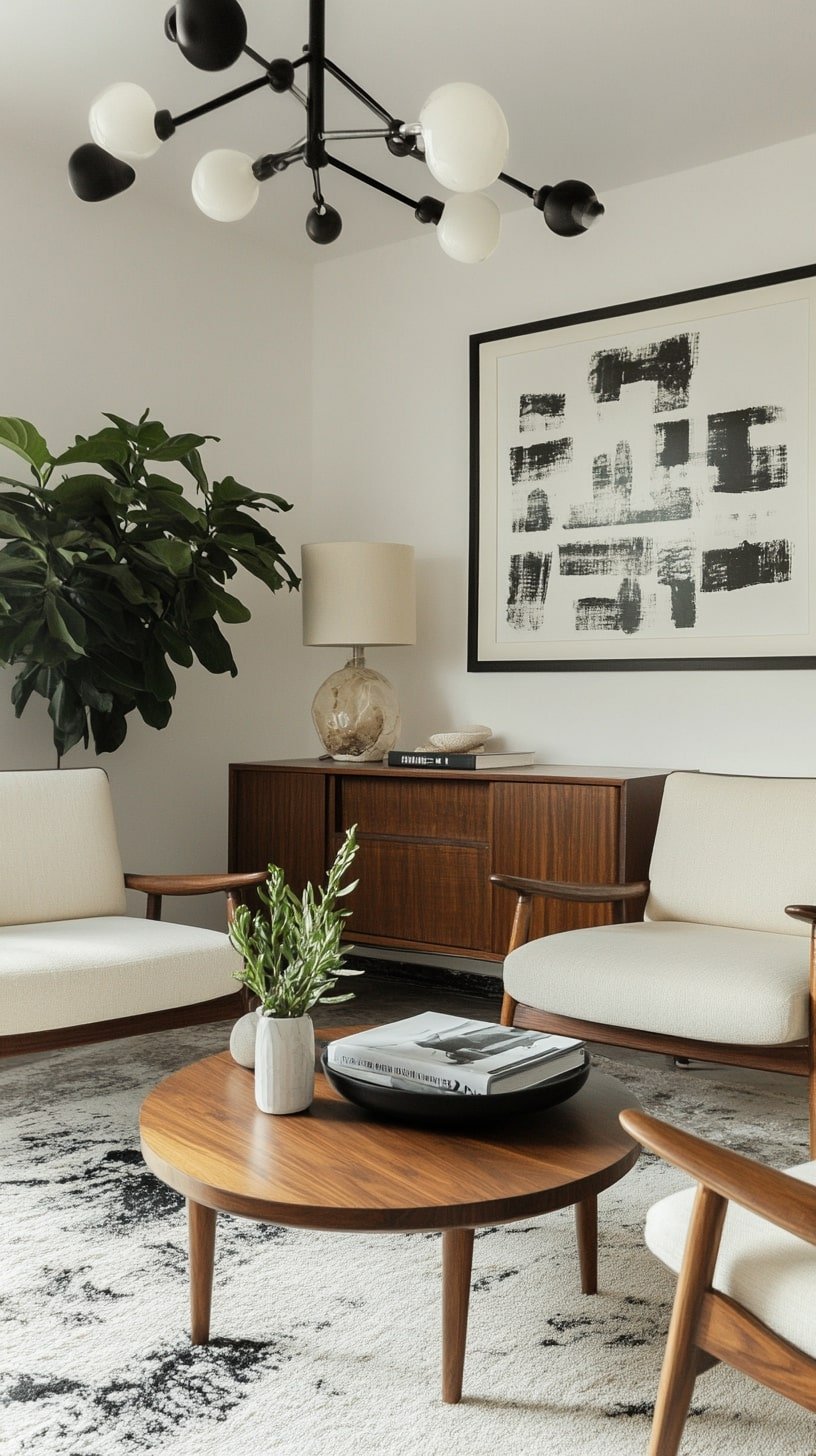 Mid-Century Inspired Narrow Room with Symmetrical Layout