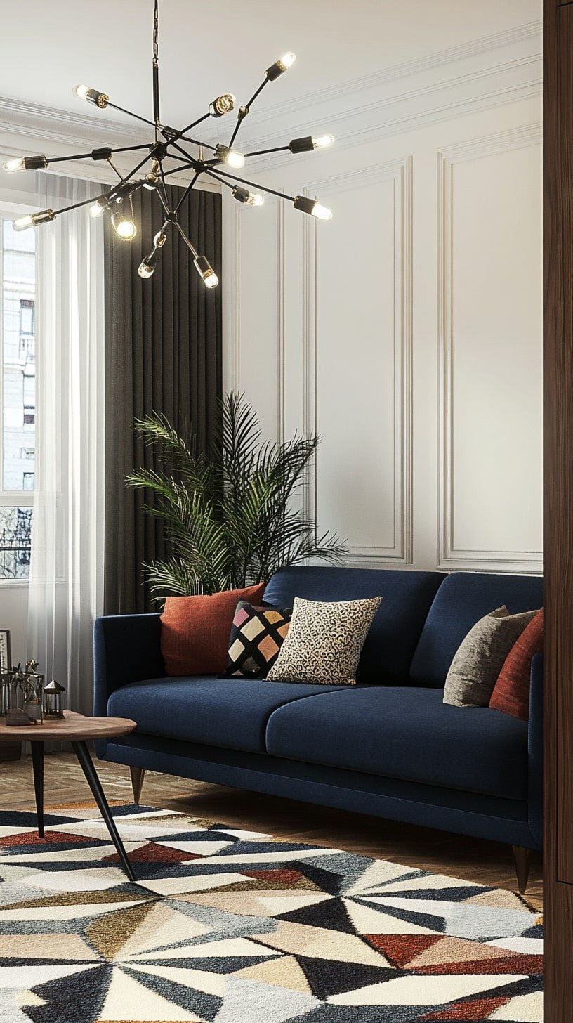 Mid-Century Living Room with Navy Sofa and Retro Accents