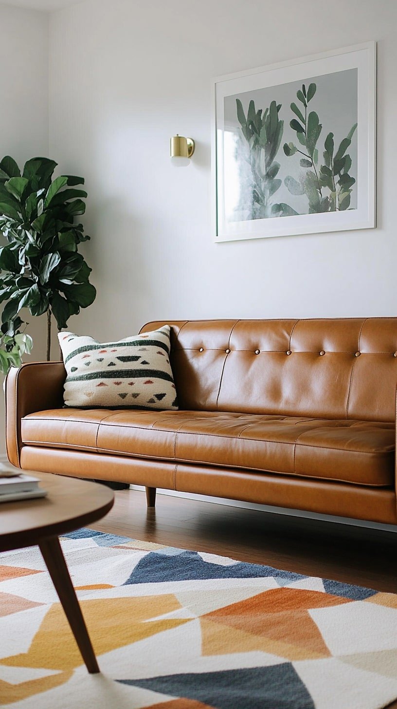 Mid-Century Modern Living Room with Cognac Leather Sofa and Walnut Furniture