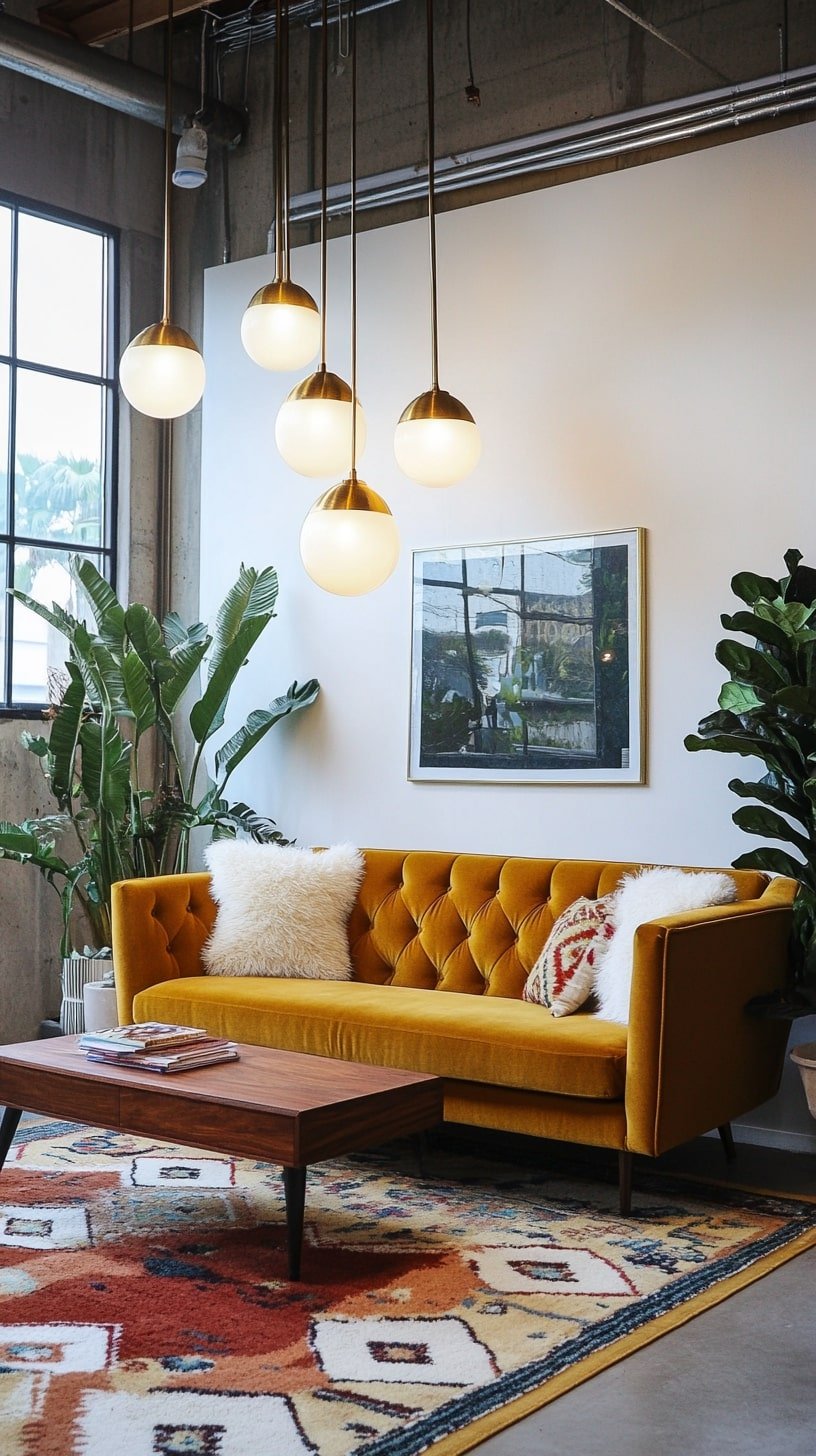 Mid-Century Modern Room with Gold Couch and Retro Decor