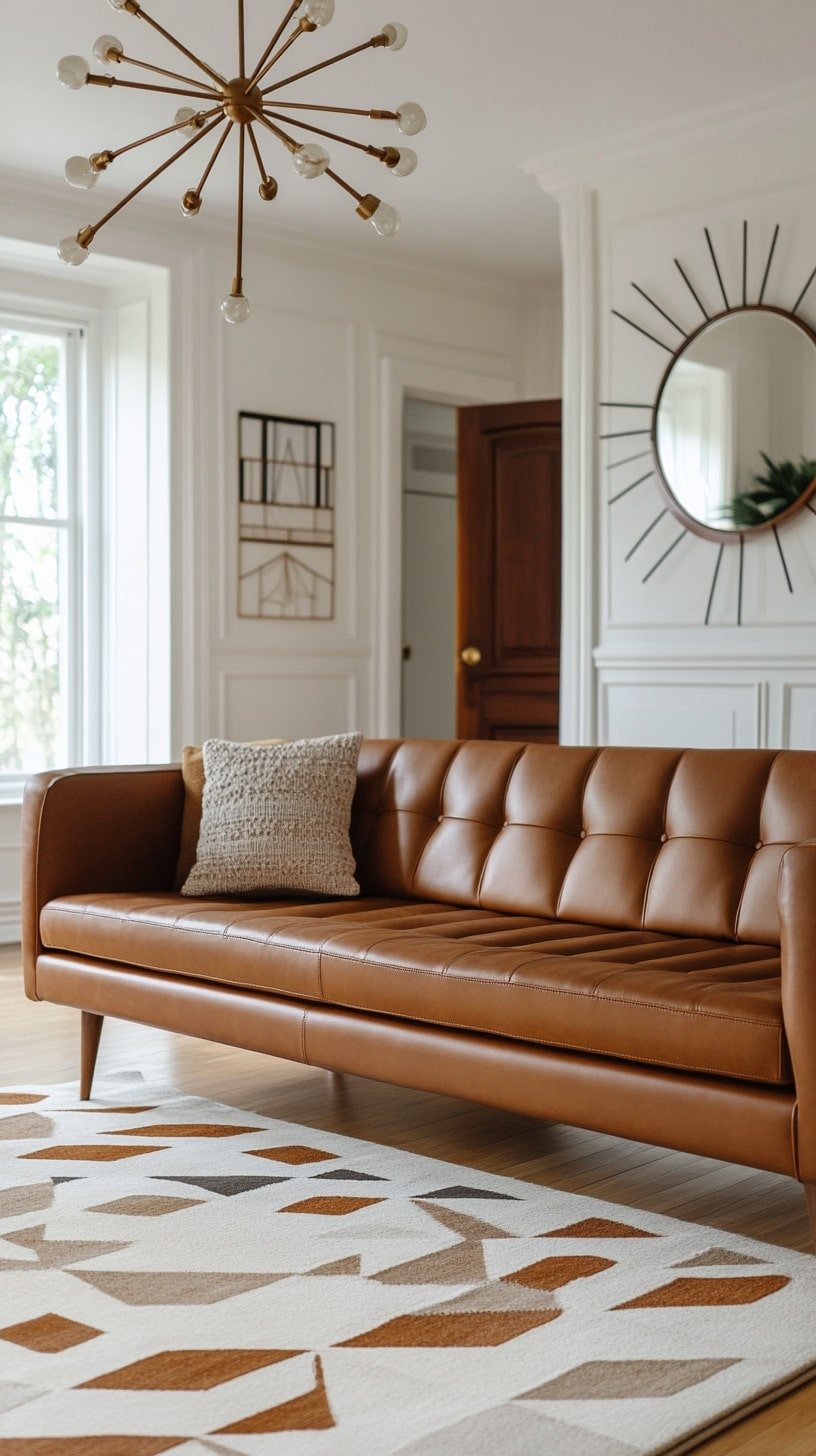 Mid-Century Modern Room with Tan Sofa and Walnut Furniture