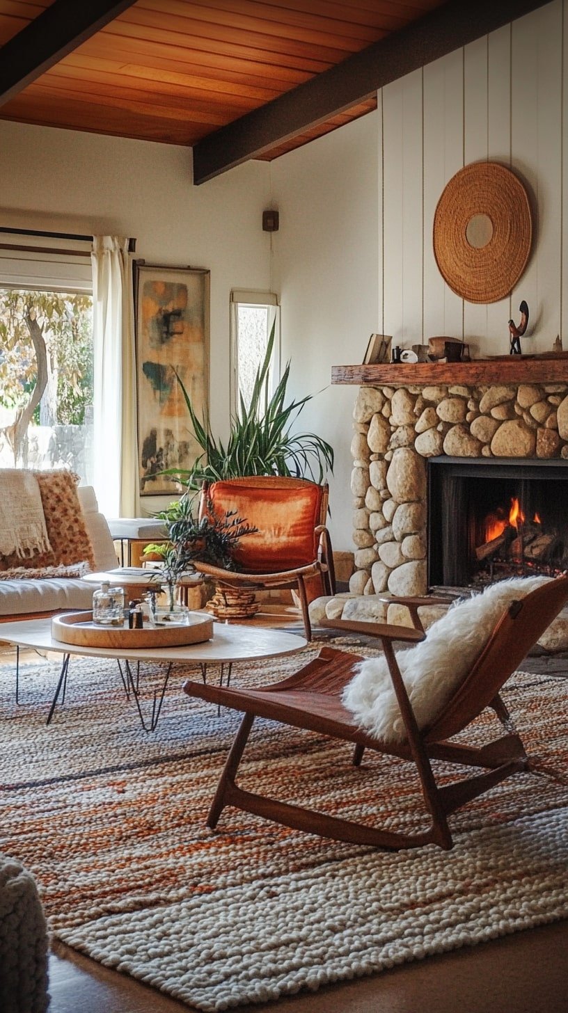 Midcentury Cottage Style with Fireplace and Textured Fabrics