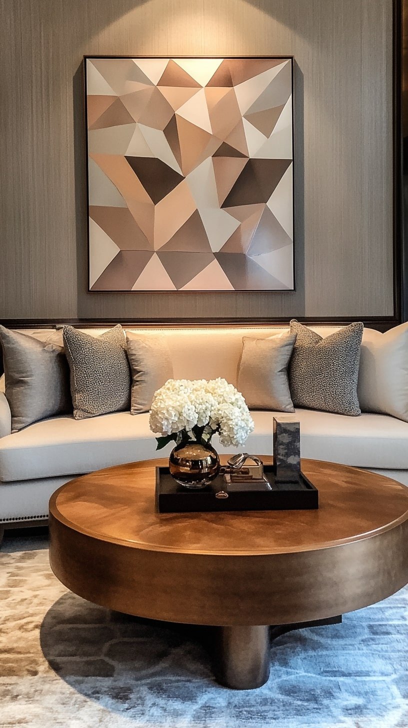  Midcentury Living Room with Abstract Art and Glass Coffee Table